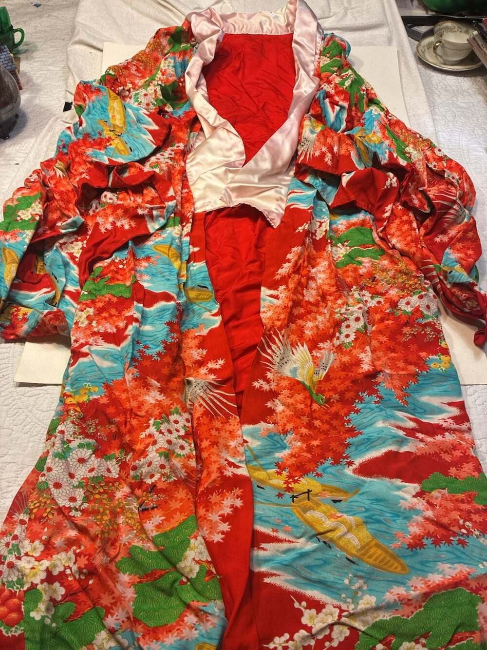 Vintage Japanese Red Kimono Robe Silk Crane Floral Print